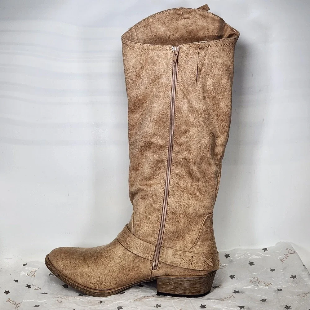 Very G Merlot Boots Women Size 8 Cream Distressed Slouchy Knee High Harness Zip